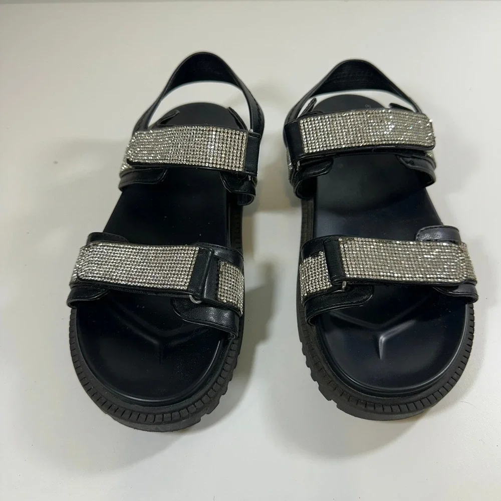 Madden NYC Women Black Rhinestone Chunky Platform Sandals Size 6 Hook Loop Strap